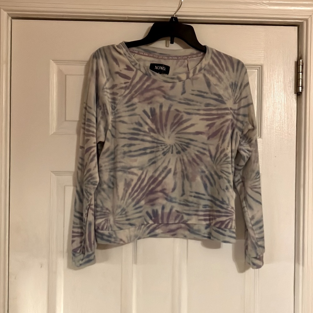 XOXO love medium velour sweatshirt tie dye print purple blue fireworks
